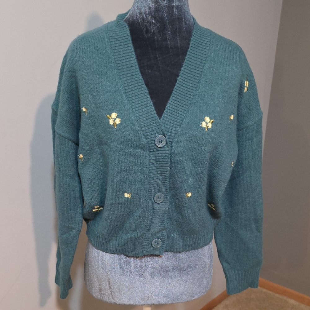 Witty Fox Teal Cardigan with Gold‎ Floral Details Sz S